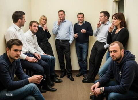 Gruppe von Angestellten im Raucherzimmer eines Unternehmens bei der Rauchpause